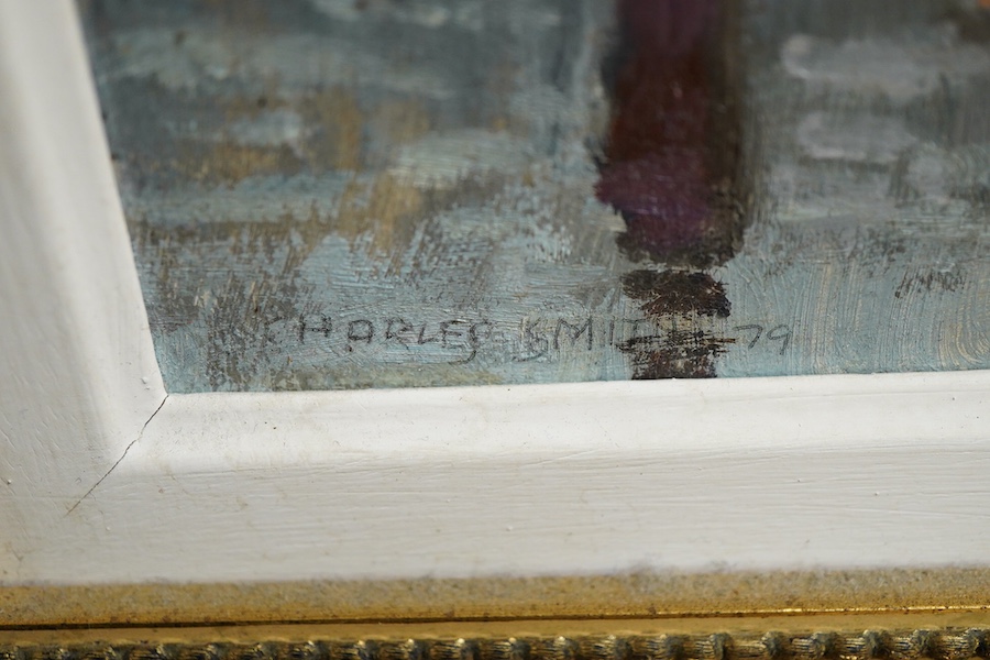 Charles Smith (Wapping Group, 1913-2003), 'Barny Arms', signed and dated '79, Chelsea Arts Society inscribed label verso, oil on board, 21 x 29cm